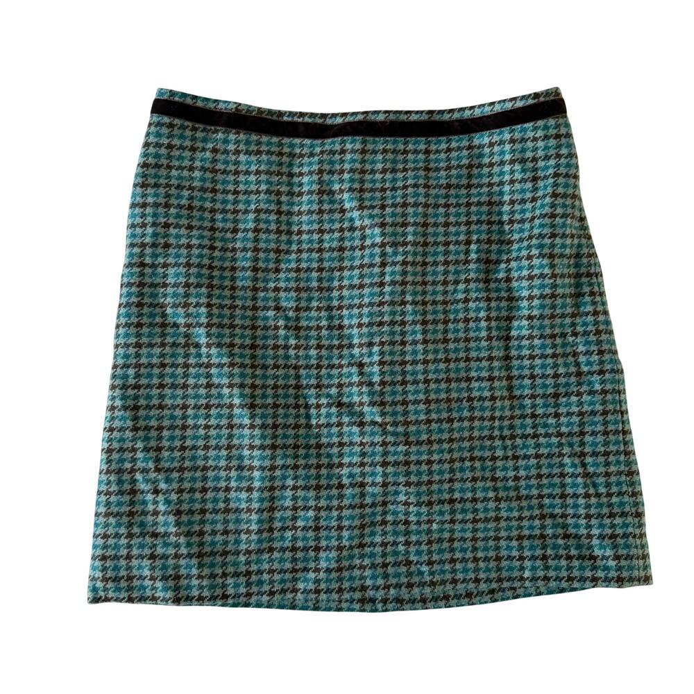 Vtg Y2K 2000s Teal Brown Houndstooth Wool Mini Skirt Sz 2 Academia Preppy Velvet